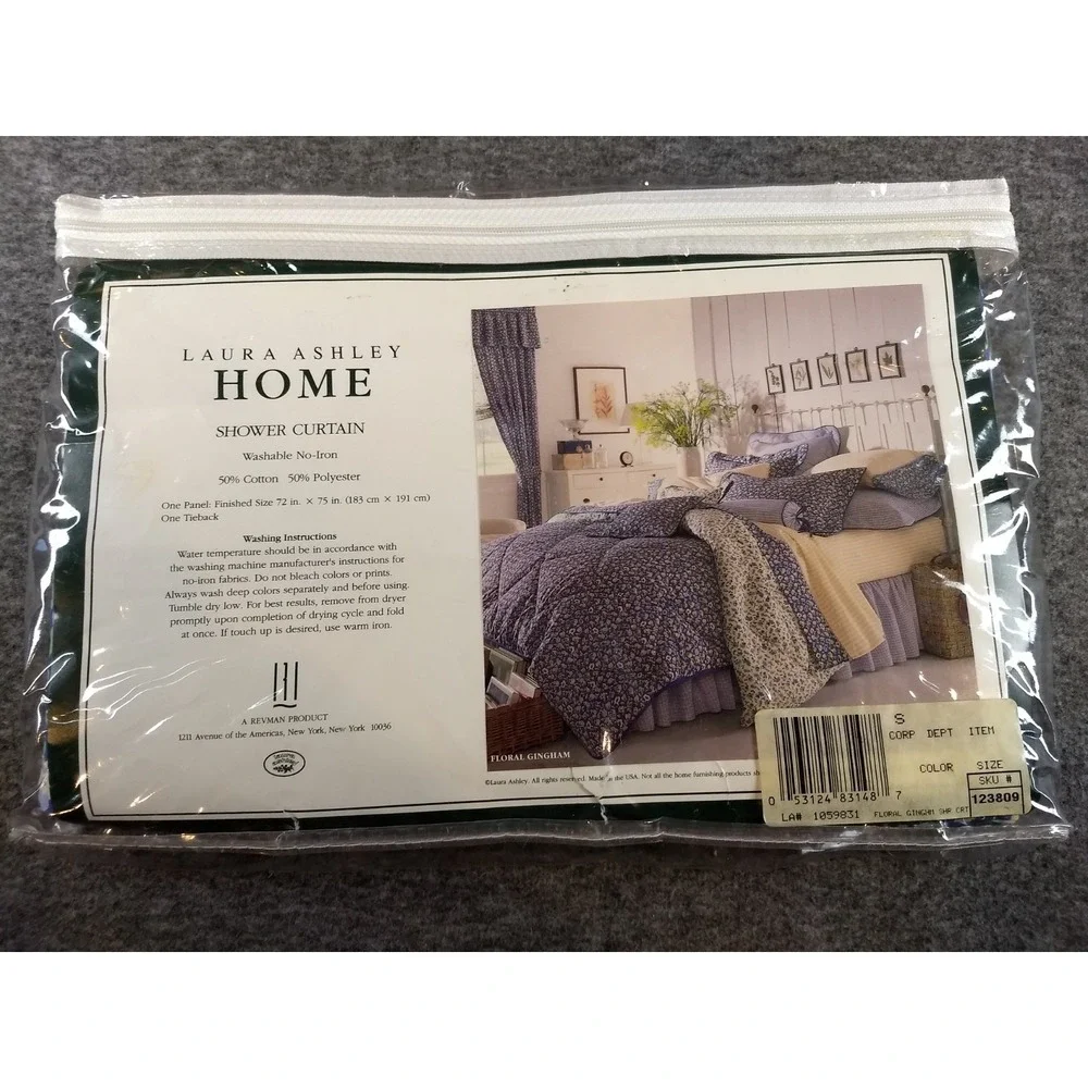Laura Ashley Fabric Shower Curtain Floral Gingham Blue No Iron Washable Rare NEW